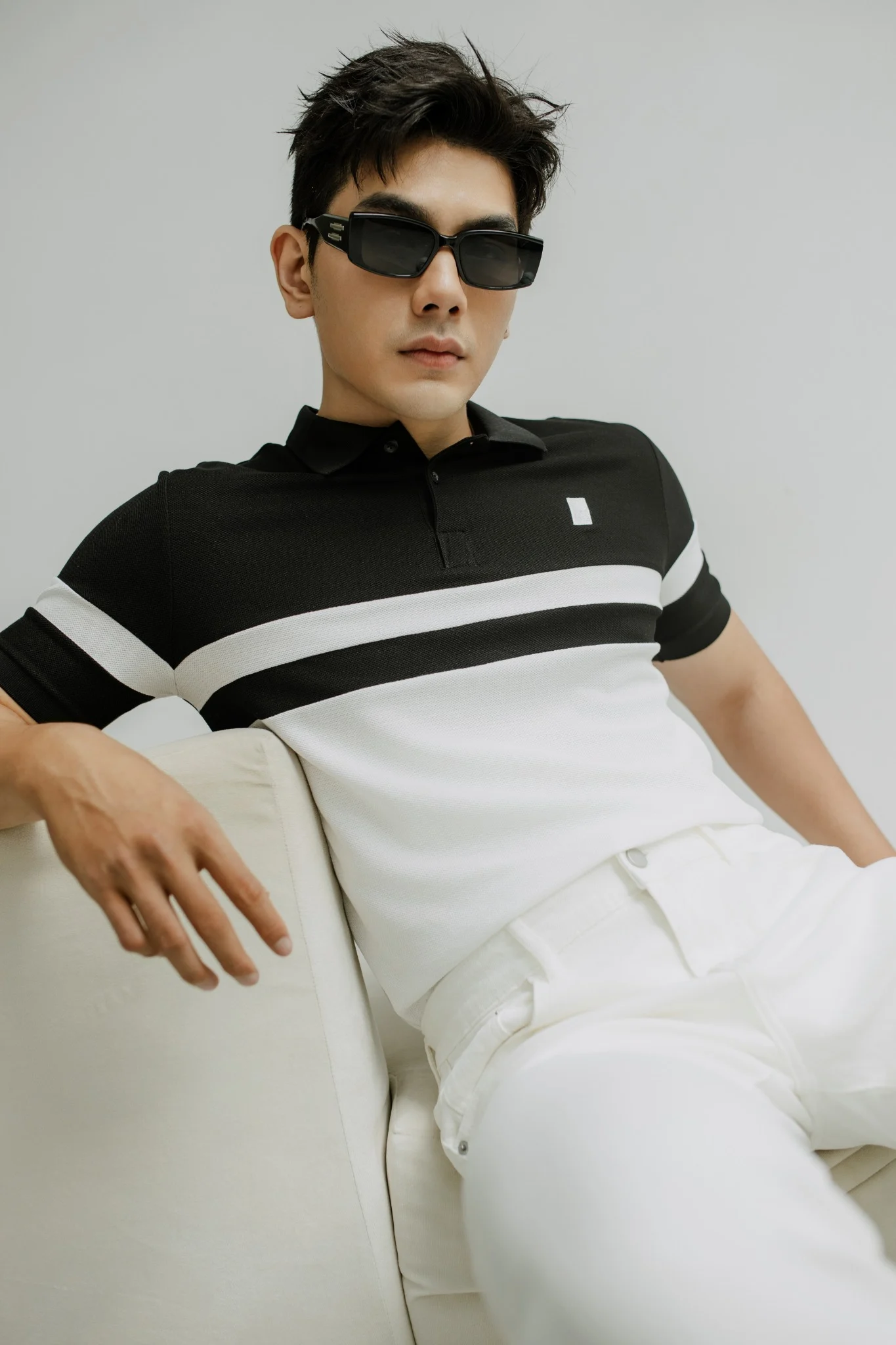  POLO NAM T8060-SLIM FIT ĐEN PHỐI TRẮNG 