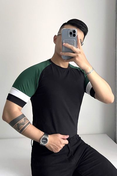  ÁO THUN NAM T658-ĐEN TAY RÊU 