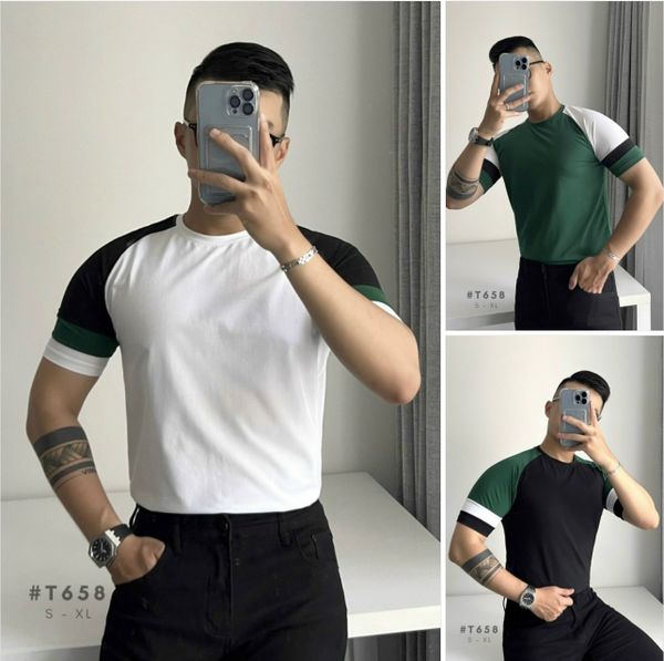  ÁO THUN NAM T658-ĐEN TAY RÊU 