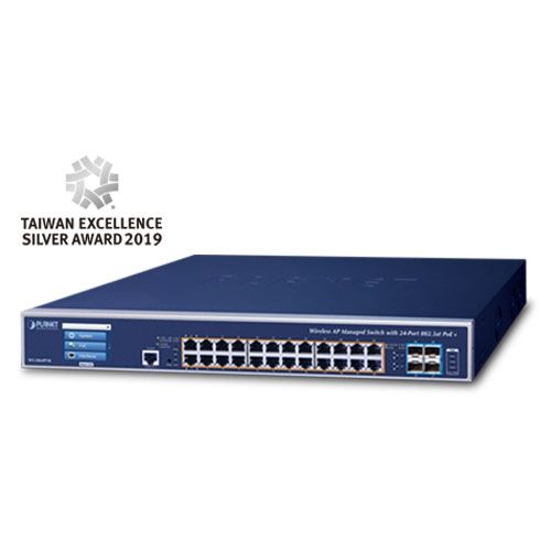 Wireless AP Managed Switch with 24-Port 802.3at PoE + 4-Port 10G SFP+ + LCD Touch Screen and 48VDC Redundant Power