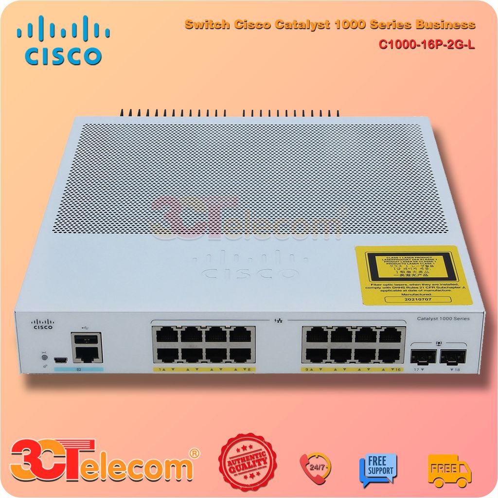 Switch Cisco C1000-16P-2G-L: 16x 10/100/1000 Ethernet PoE+ ports and 120W PoE budget, 2x 1G SFP uplinks