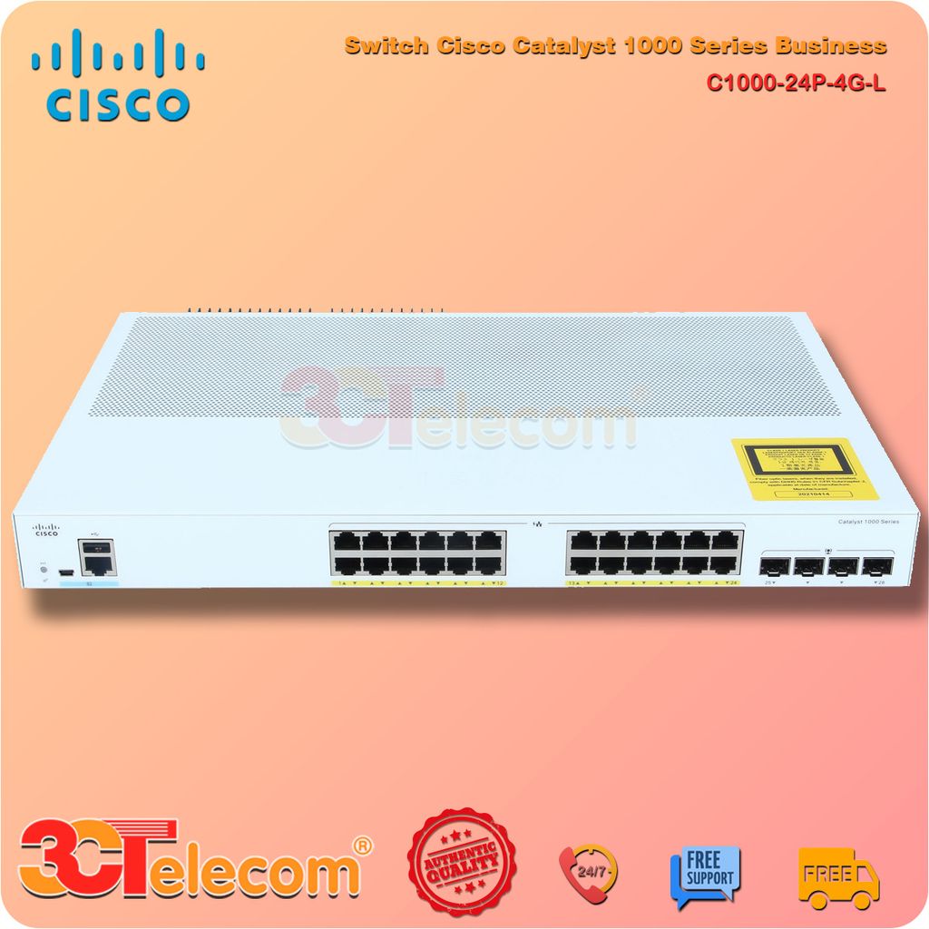 Switch Cisco C1000-24P-4G-L: 24x 10/100/1000 Ethernet PoE+ ports and 195W PoE budget, 4x 1G SFP uplinks