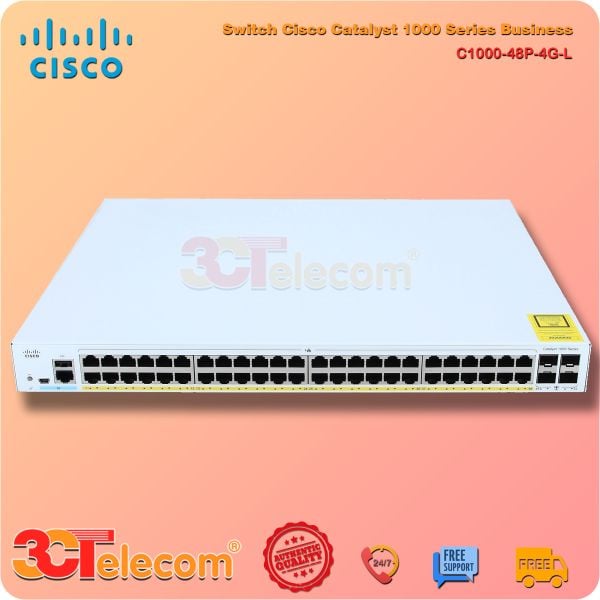 Switch Cisco C1000-48P-4G-L: 48x 10/100/1000 Ethernet PoE+ and 370W PoE budget ports, 4x 1G SFP uplinks