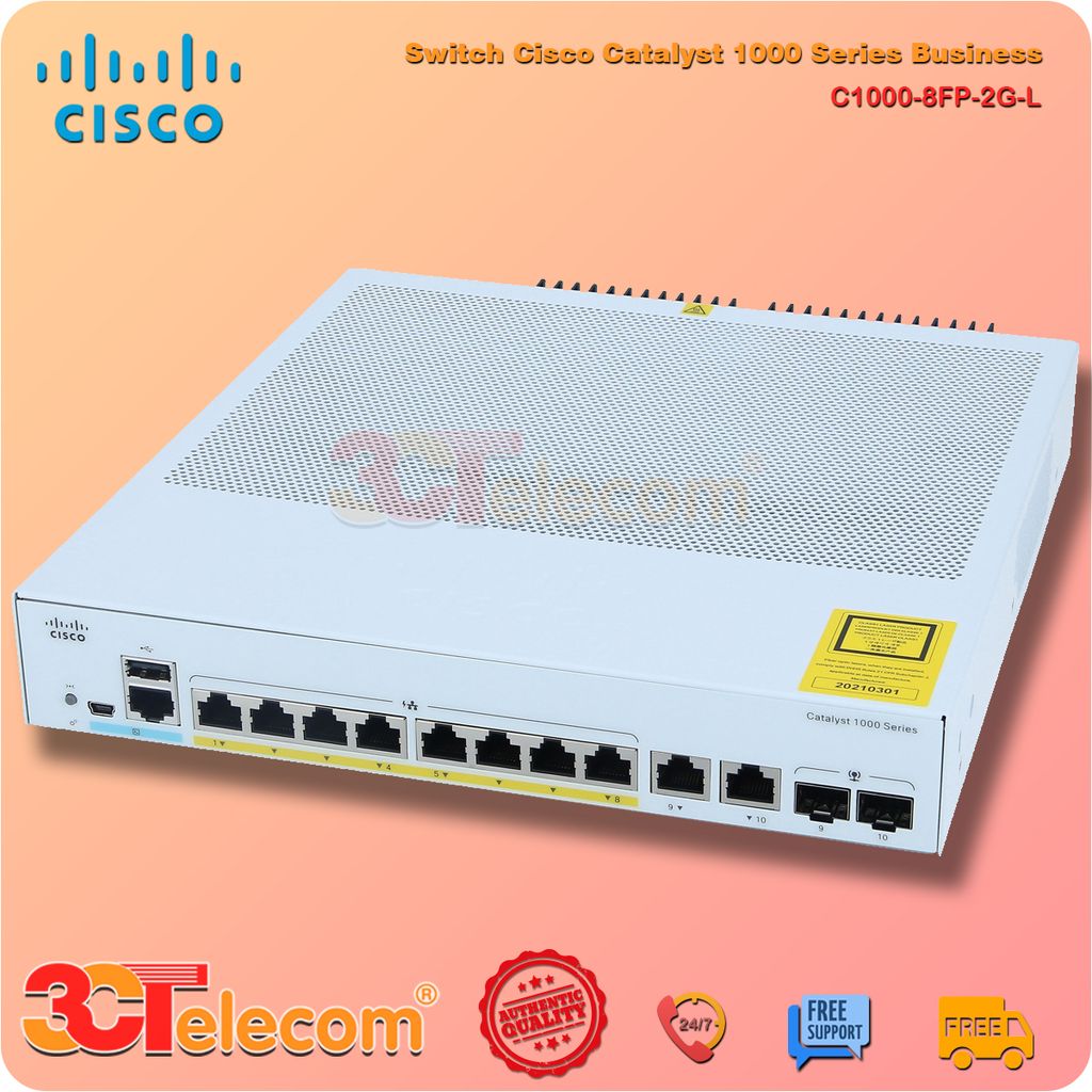 Switch Cisco C1000-8FP-2G-L: 8x 10/100/1000 Ethernet PoE+ ports and 120W PoE budget, 2x 1G SFP and RJ-45 combo uplinks