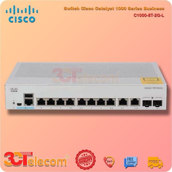 Switch Cisco C1000-8T-2G-L: 8x 10/100/1000 Ethernet ports, 2x 1G SFP and RJ-45 combo uplinks