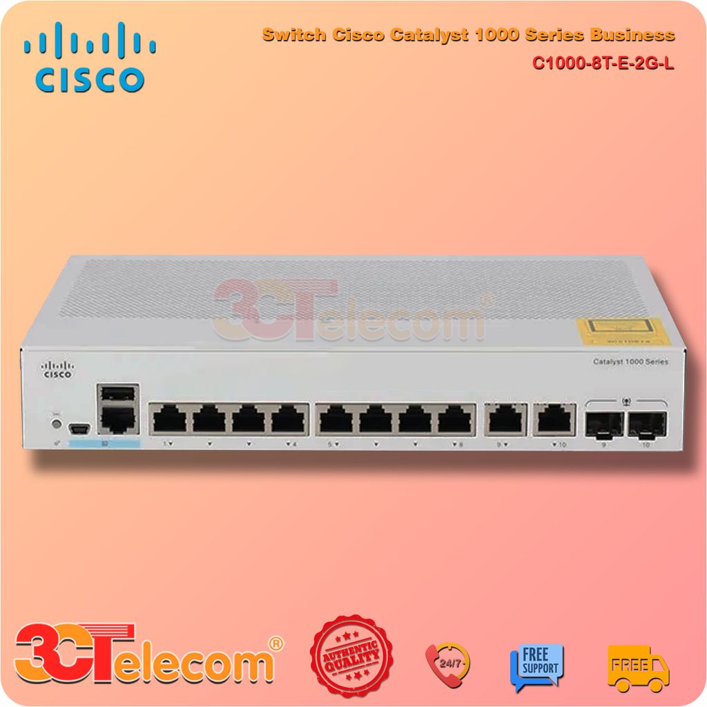 Switch Cisco C1000-8T-E-2G-L: 8x 10/100/1000 Ethernet ports, 2x 1G SFP and RJ-45 combo uplinks, with external PS