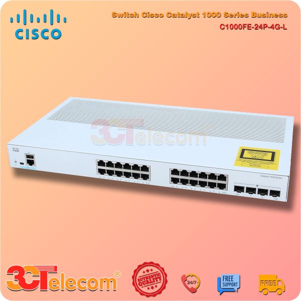 Switch Cisco C1000FE-24P-4G-L: 24x 10/100 Ethernet PoE+ ports and 195W PoE budget, 2x 1GSFP and RJ-45 combo uplinks and 2x 1G SFP uplinks