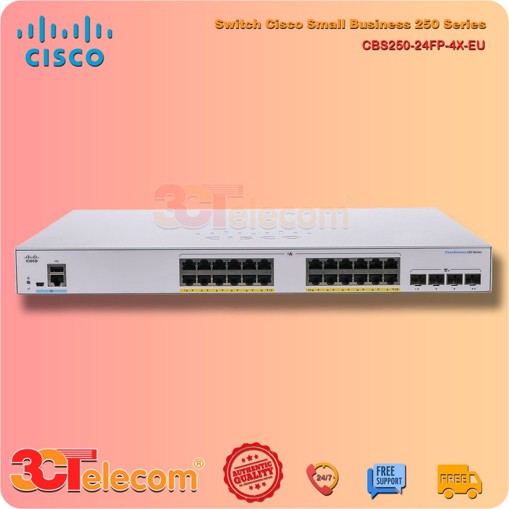 Switch Cisco CBS250-24FP-4X-EU: 24-Port 10/100/1000 Mbps PoE+ 370W, 4 Port 10 Gigabit SFP+