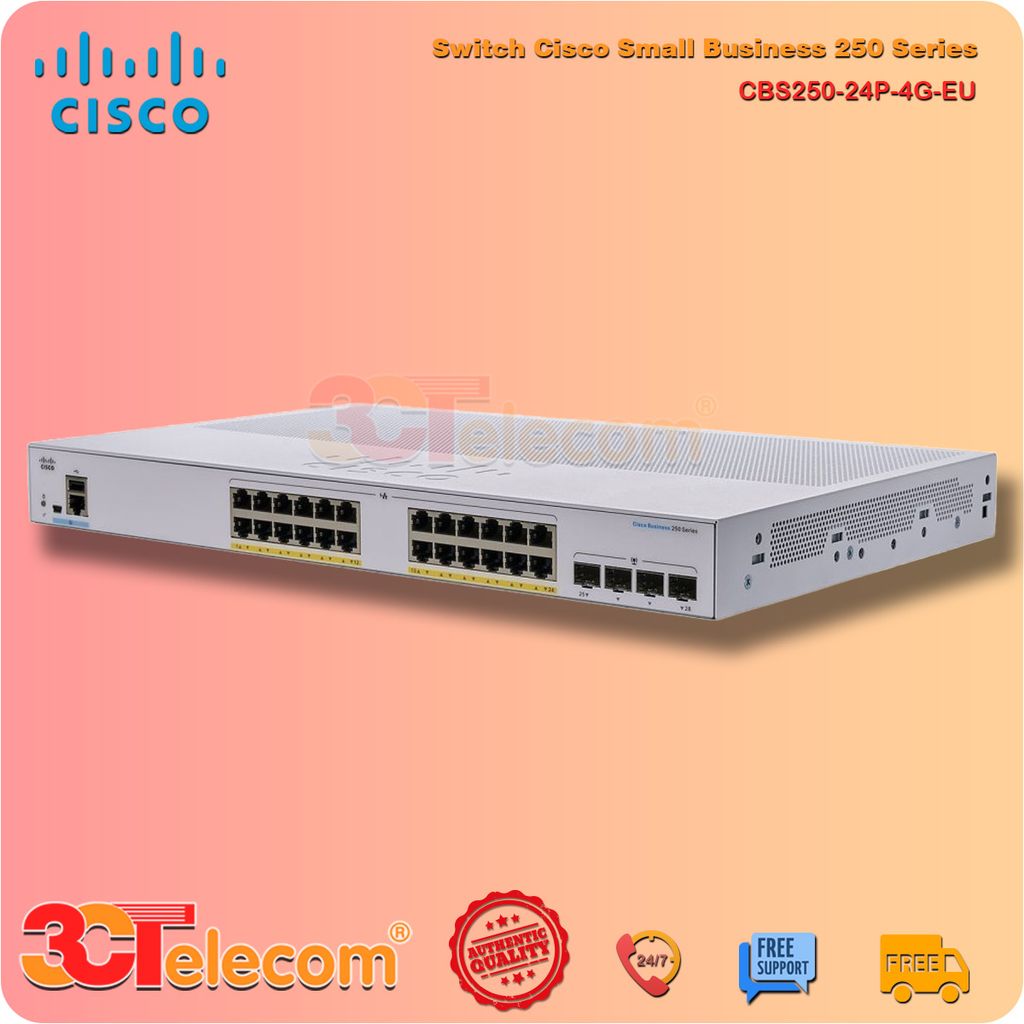 Switch Cisco CBS250-24P-4G-EU: 24-Port 10/100/1000 Mbps PoE+ 195W, 4 Port Gigabit SFP uplink