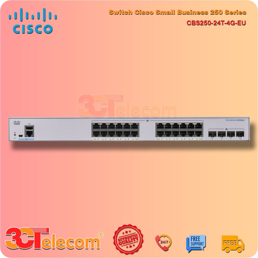 Switch Cisco CBS250-24T-4G-EU: 24-Port 10/100/1000 Mbps, 4 Port Gigabit SFP uplink