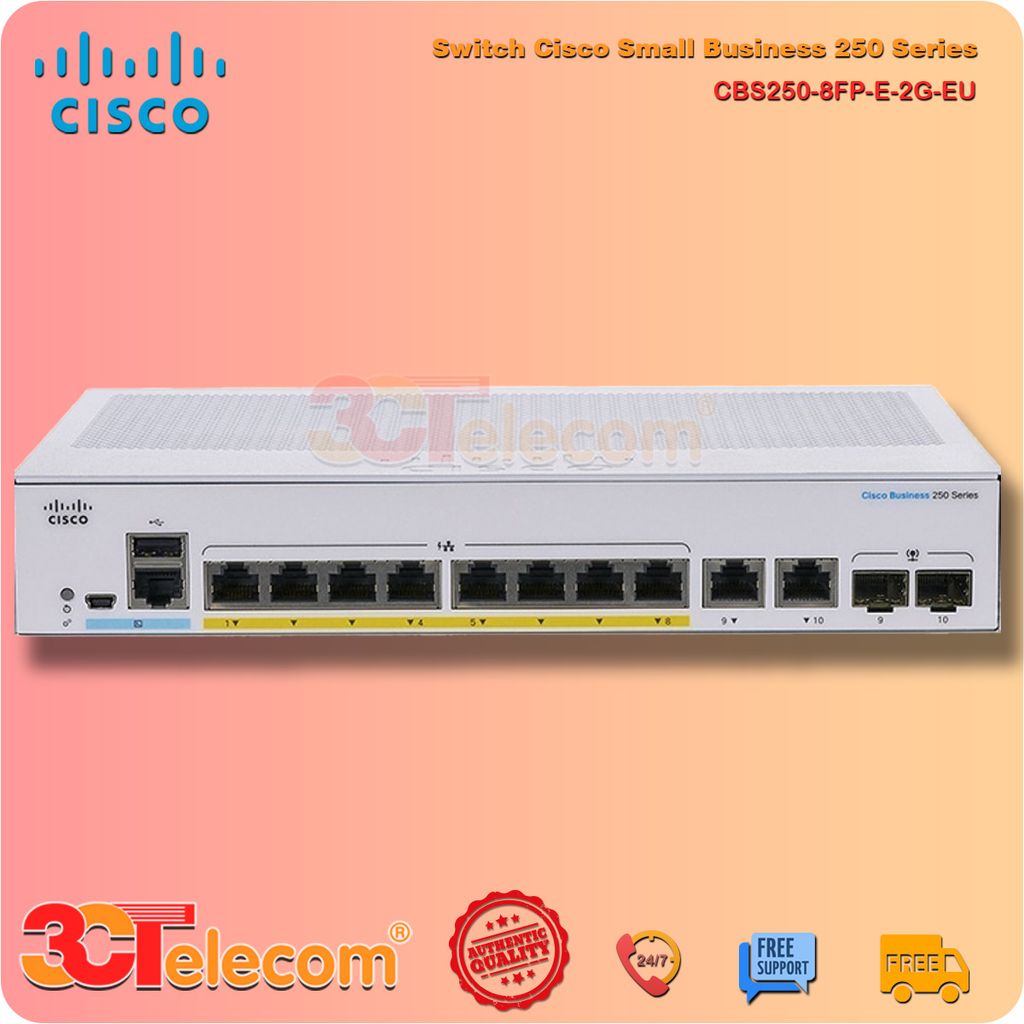 Switch Cisco CBS250-8FP-E-2G-EU: 8-Port 10/100/1000 Mbps PoE+ 120W + 2 Gigabit copper/SFP combo ports