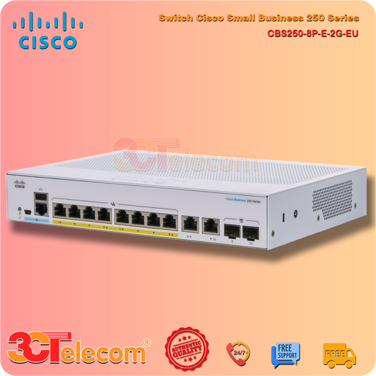 Switch Cisco CBS250-8P-E-2G-EU: 8-Port 10/100/1000 Mbps PoE+ 67W