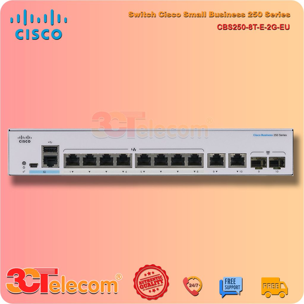 Switch Cisco CBS250-8T-E-2G-EU: 8-Port 10/100/1000 Mbps, 2 Gigabit copper/SFP combo ports