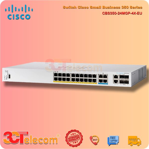 Switch Cisco CBS350-24MGP-4X-EU: 20 x 10/100/1000 PoE+ ports, 4 x 100M/1G/2.5G PoE+ ports (4 support 60W PoE),  4 x 10G ports (2 x 10G copper/SFP+ combo + 2 x SFP+), 375W PoE