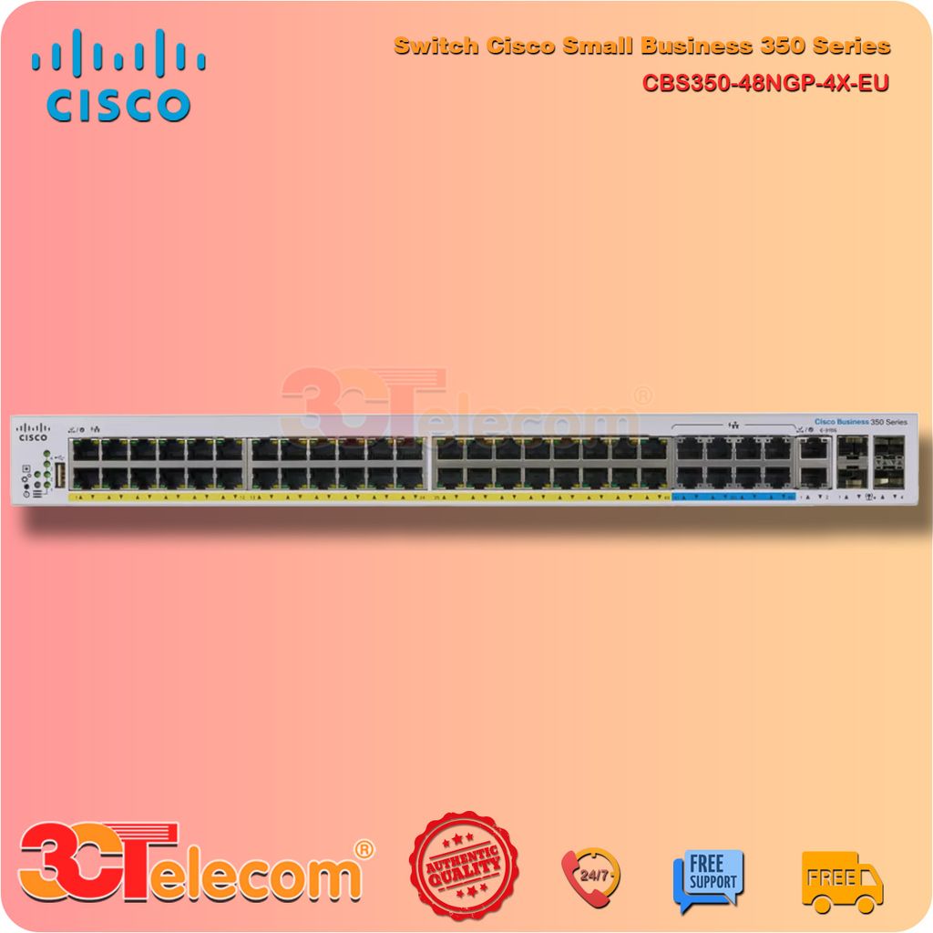 Switch Cisco CBS350-48NGP-4X-EU: 40 x 10/100/1000 PoE+ ports, 8 x 100M/1G/2.5G/5G PoE+ ports (8 support 60W PoE), 4 x 10G ports (2 x 10G copper/SFP+ combo + 2 x SFP+), 740W PoE