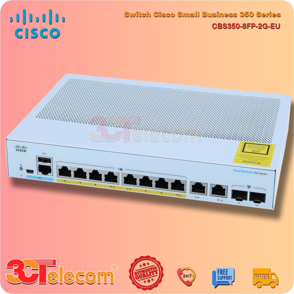 Switch Cisco CBS350-8FP-2G-EU:  8-10/100/1000 PoE+ ports with 120W power budget,  2 Gigabit copper/SFP combo ports, Rack-mountable