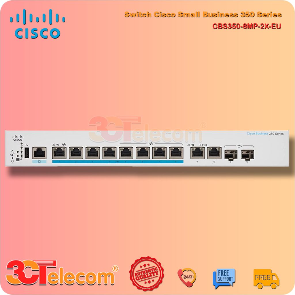 Switch Cisco CBS350-8MP-2X-EU:  8 x 100M/1G/2.5G PoE+ ports (4 support 60W PoE), 2 x 10G ports (2 x 10G copper/SFP+ combo), 240W PoE power budge