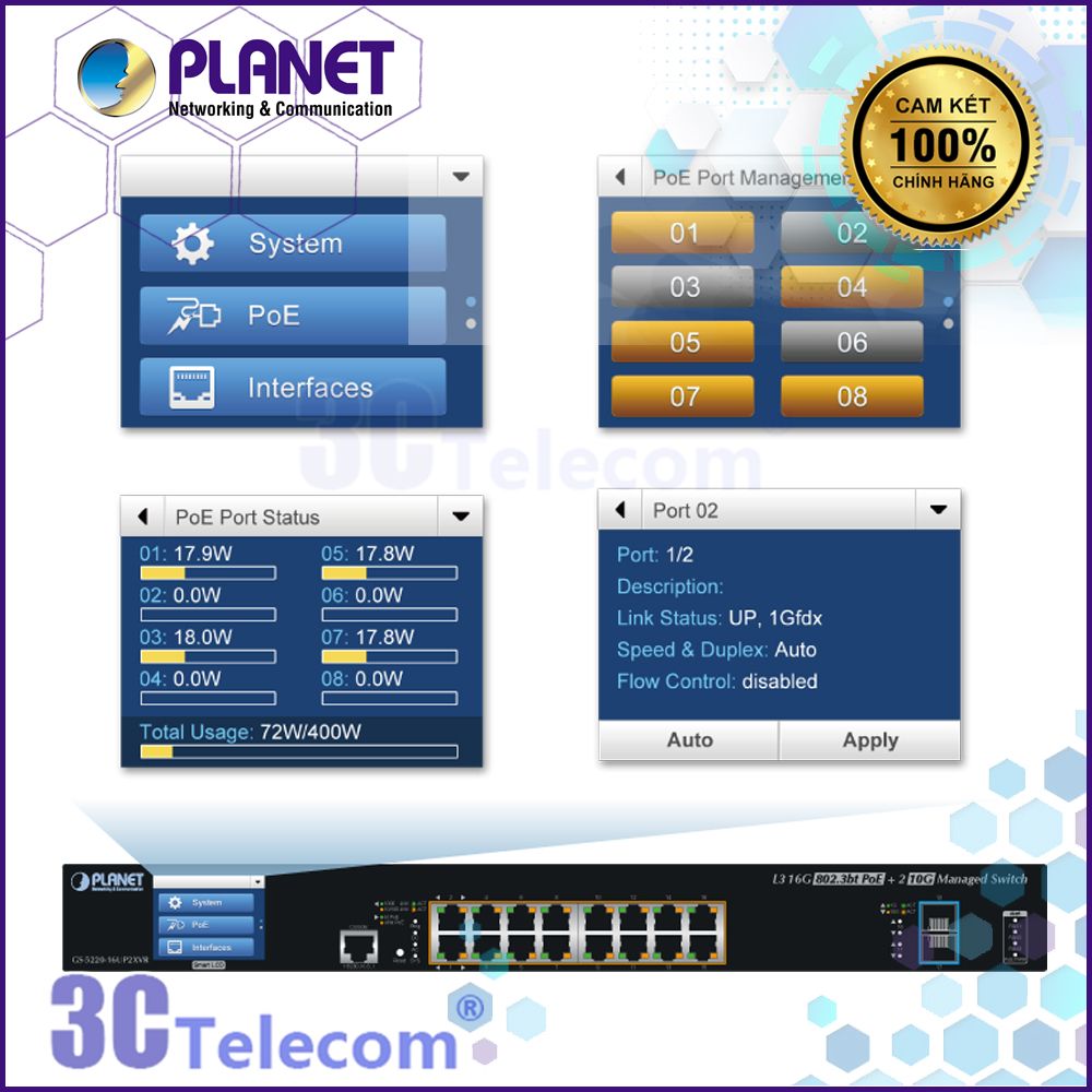 GS-5220-16UP2XV(R): switch L3 16x1G RJ45 PoE , 2x10G SFP+ (LCD Touch Screen)