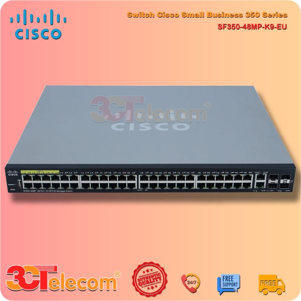 Switch Cisco SF350-48MP-K9-EU: 48 10/100 PoE+ ports (8 support 60W PoE), 2 Gigabit copper/SFP combo + 2 SFP port,740W PoE power budget