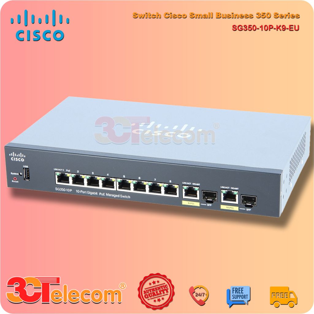 Switch Cisco SG350-10P-K9-EU: 8P-10/100/1000 PoE+ ports, 2 Gigabit copper/SFP combo,  62W PoE power budget