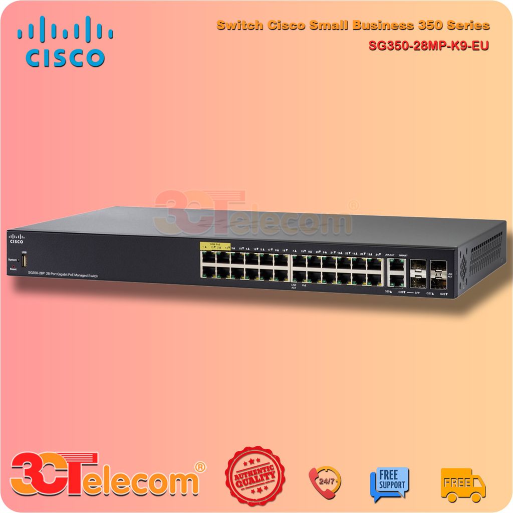 Switch Cisco SG350-28MP-K9-EU: 24 10/100/1000 PoE+ ports (4 support 60W PoE), 2 Gigabit copper/SFP combo + 2 SFP ports, 382W PoE