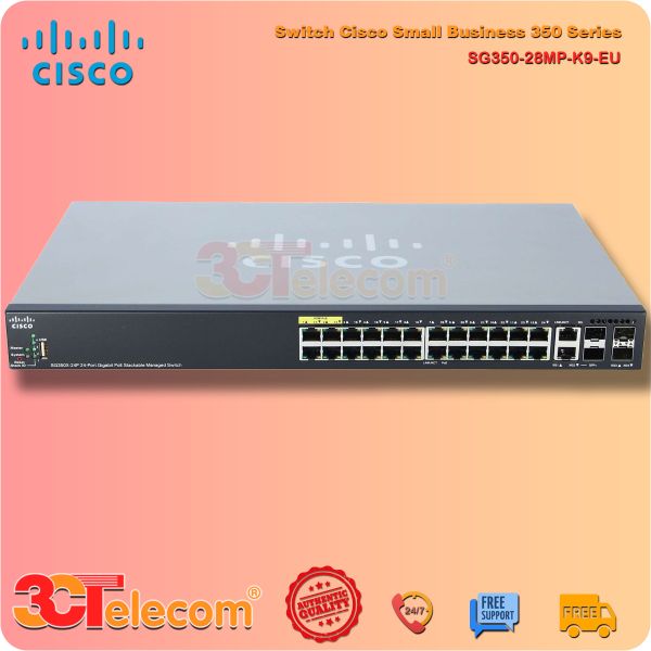 Switch Cisco SG350-28MP-K9-EU: 24 10/100/1000 PoE+ ports (4 support 60W PoE), 2 Gigabit copper/SFP combo + 2 SFP ports, 382W PoE