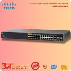 Switch Cisco SG350-28P-K9-EU: 24 10/100/1000 PoE+ ports (4 support 60W PoE), 2 Gigabit copper/SFP combo + 2 SFP ports, 195W PoE