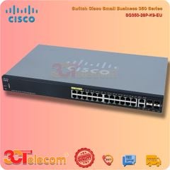 Switch Cisco SG350-28P-K9-EU: 24 10/100/1000 PoE+ ports (4 support 60W PoE), 2 Gigabit copper/SFP combo + 2 SFP ports, 195W PoE