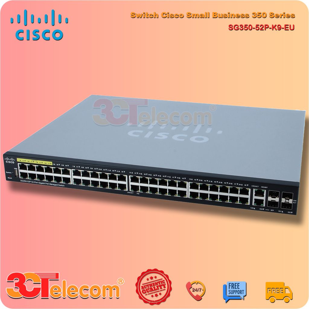 Switch Cisco SG350-52P-K9-EU:  48-10/100/1000 PoE+ ports (8 support 60W PoE),  2 Gigabit copper/SFP combo + 2 SFP ports, 375W PoE power budget