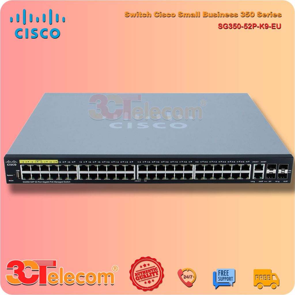 Switch Cisco SG350-52P-K9-EU:  48-10/100/1000 PoE+ ports (8 support 60W PoE),  2 Gigabit copper/SFP combo + 2 SFP ports, 375W PoE power budget