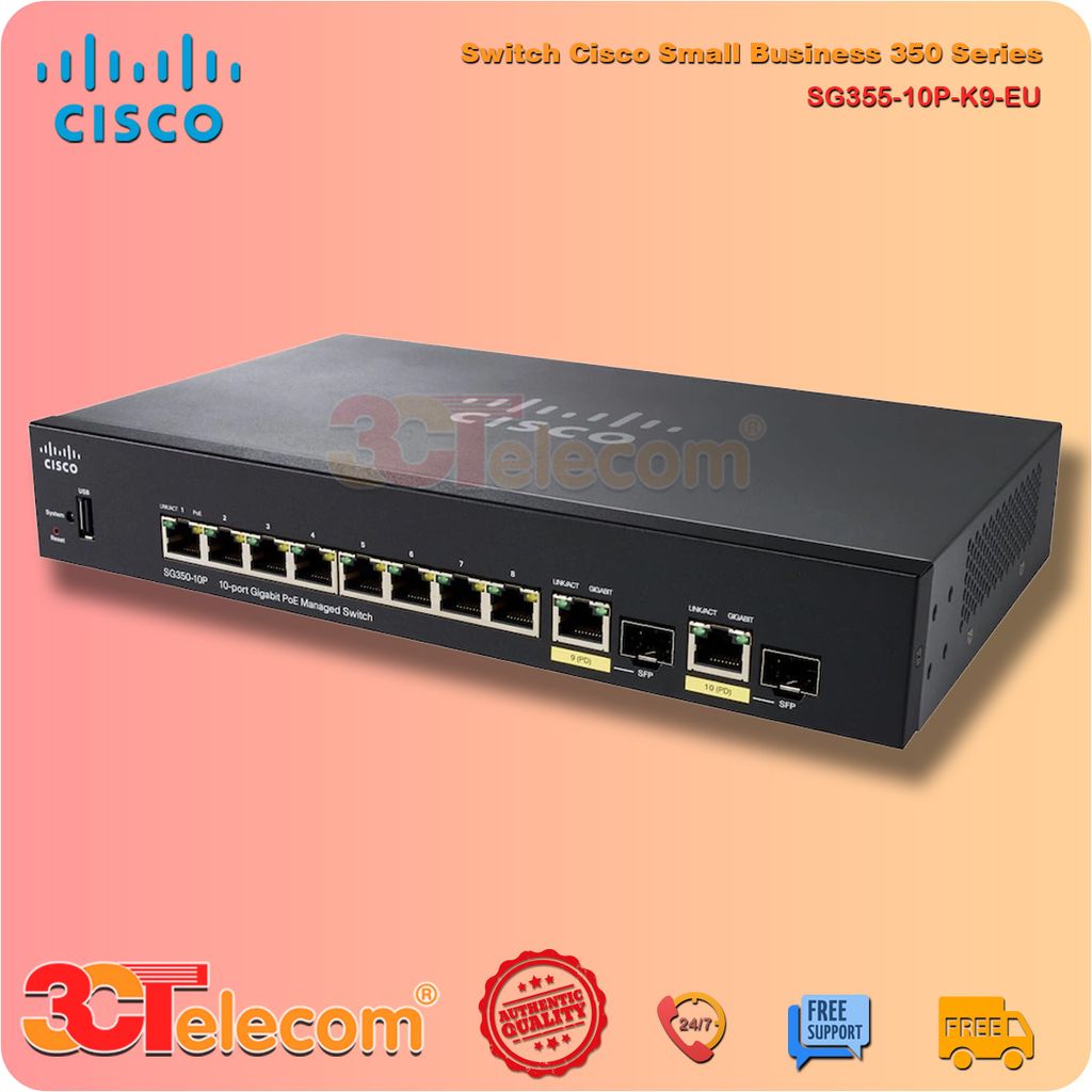 Switch Cisco SG355-10P-K9-EU: 8P-10/100/1000 PoE+ ports, 2 Gigabit copper/SFP combo,  62W PoE power budget