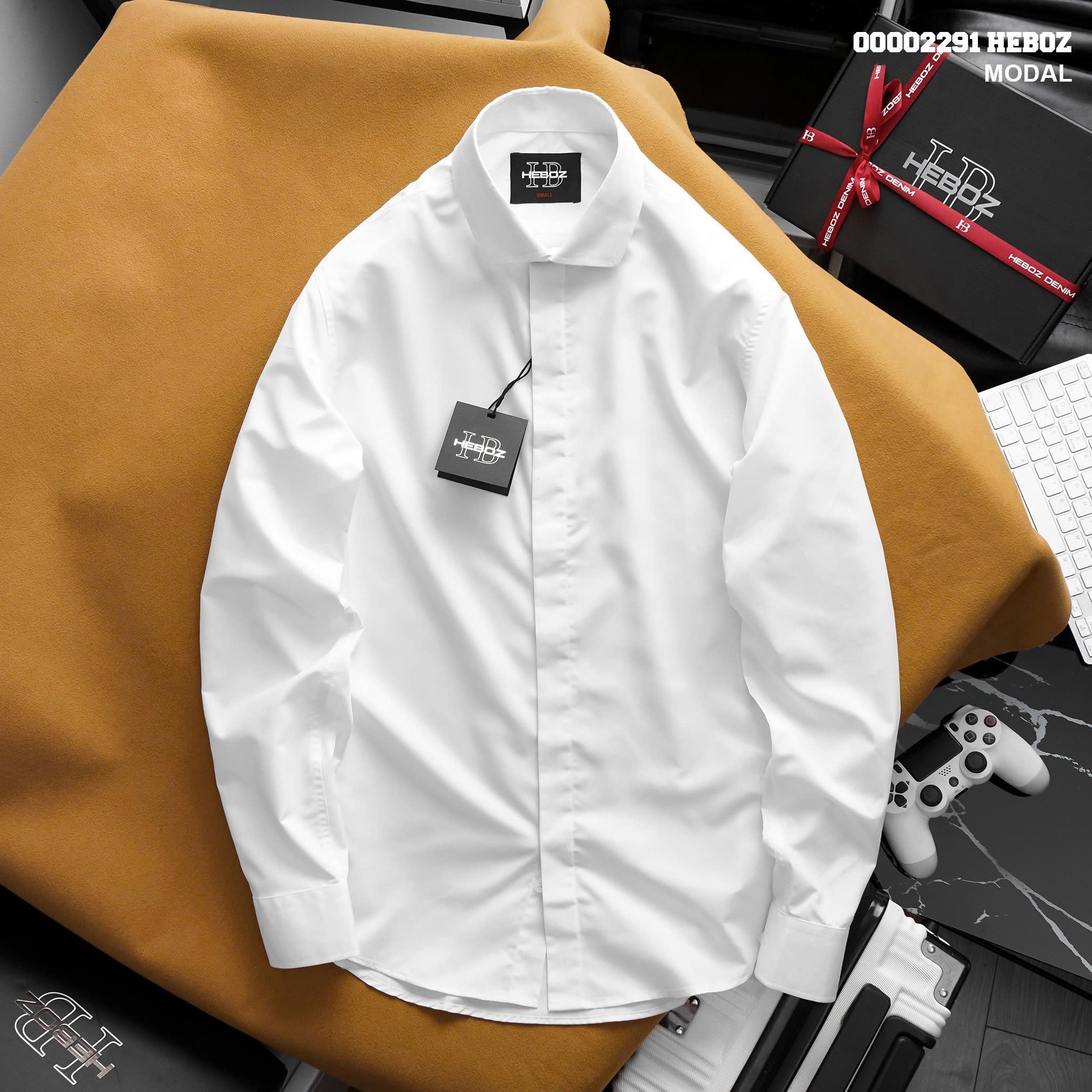 Áo sơ mi nam Heboz trắng giấu cúc cotton nến - 00002291