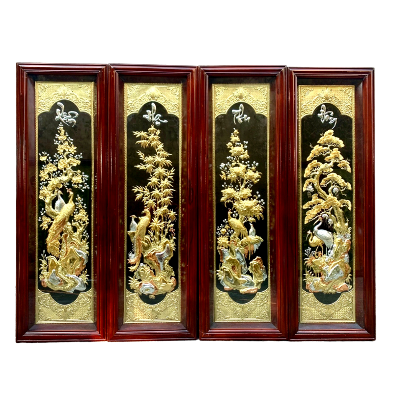 tranh tu quy xuan ha thu dong dat vang bac 41x127cm