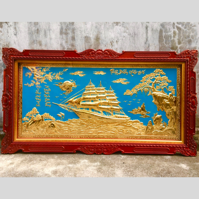 tranh thuan buom xuoi gio bang dong nen xanh ma vang 24k tranh phong khach cao cap kich thuoc 197cm x 107cm