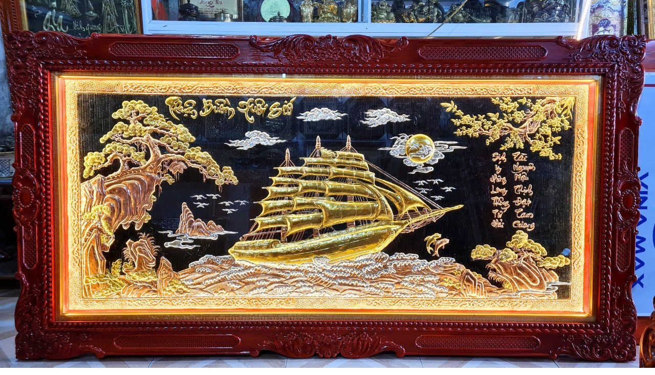 tranh thuan buom xuoi gio bang dong vang dat vang bac khung duc kt 1m20x2m30 xuong tranh dong