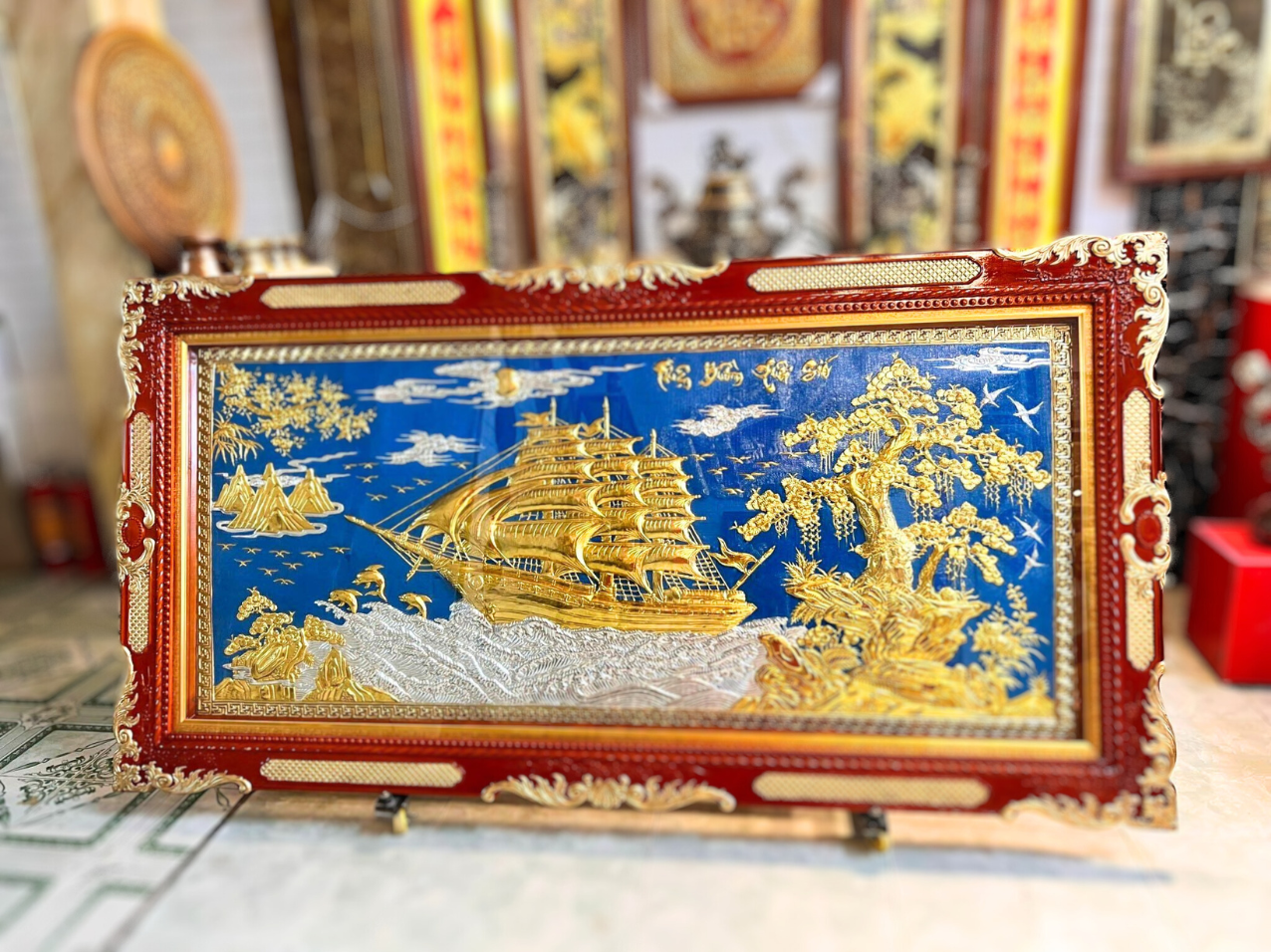 tranh thuan buom xuoi gio bang dong vang dat vang khung duc dat kt 1m20x2m30 xuong tranh dong