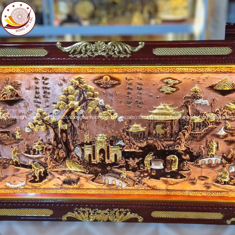 tranh dong que bang dong vang nen xuoc dat vang bac khung duc dat kich thuoc 1m20x2m30 xuong tranh dong