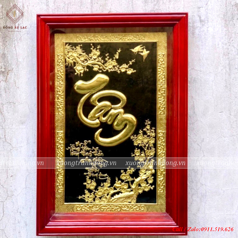 tranh chu tam 55x81cm dong vang nen den khung go soi