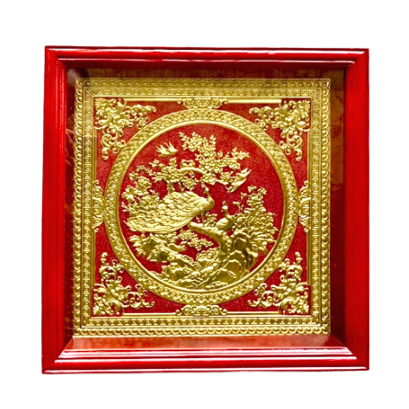 tranh doi chim cong dong vang kich thuoc 45x45cm nen do khung go soi