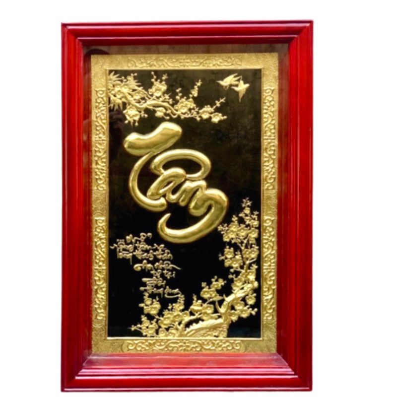 tranh chu tam 55x81cm dong vang nen den khung go soi