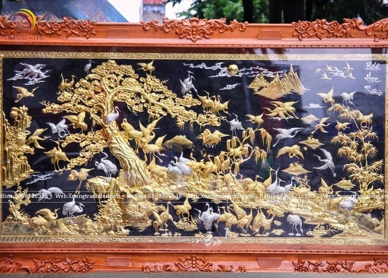 tranh tung hac dien nien bang dong vang kich thuoc 133x237cm ma vang bac khung go go duc hoa hong