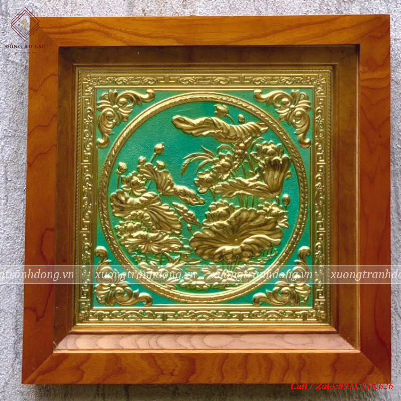 tranh hoa sen 38x38cm khong ma nen xanh khung soi