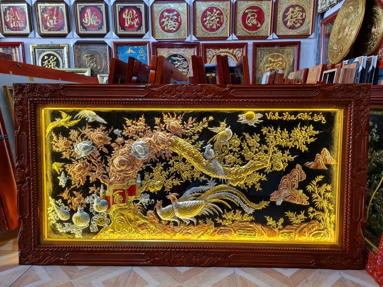 tranh vinh hoa phu quy bang dong vang dat vang bac khung duc kich thuoc 1m7x90cm xuong tranh dong