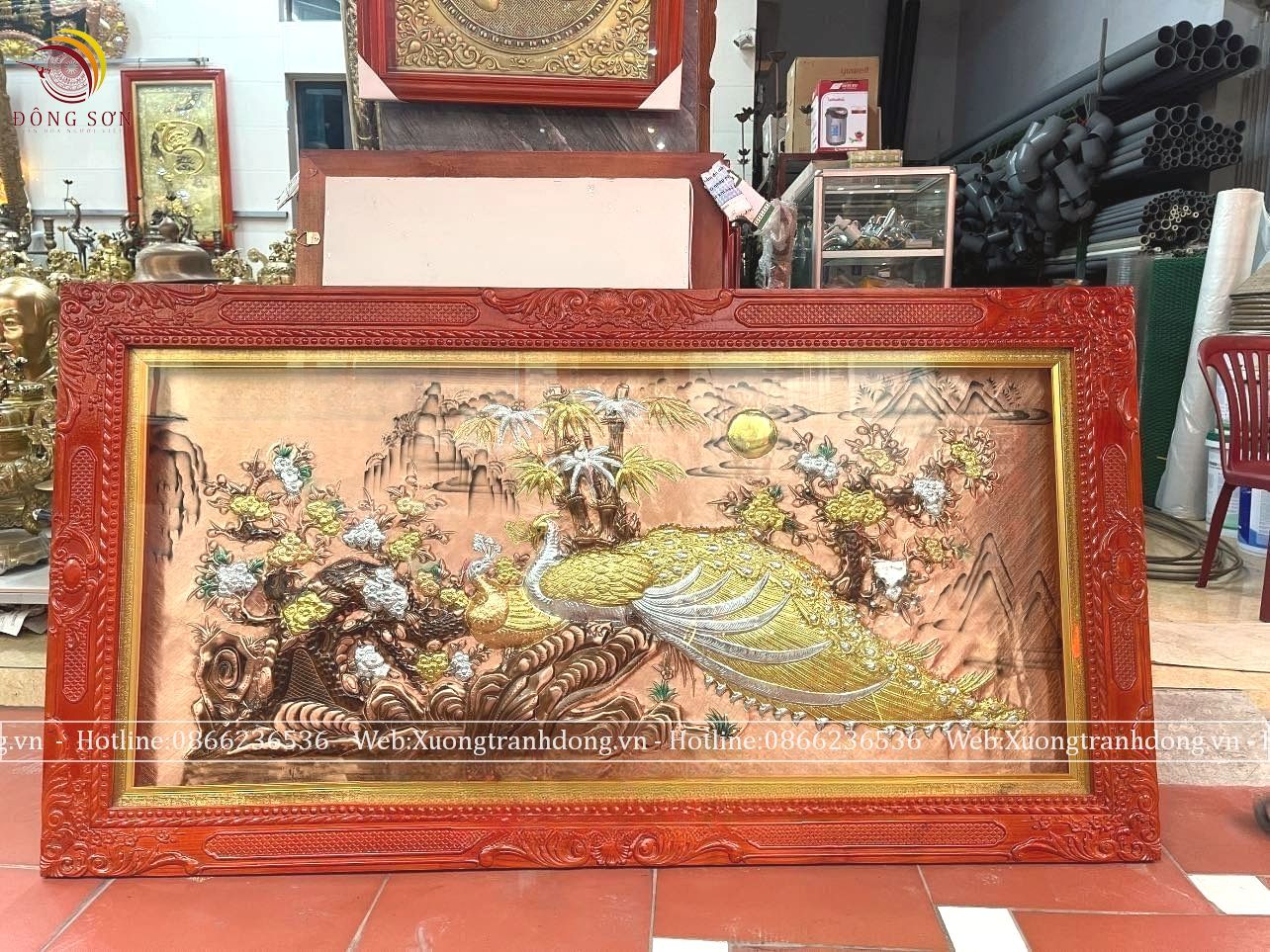 tranh hoa khai phu quy bang dong do kich thuoc 90x170cm nen xuoc khung duc dat vang bac