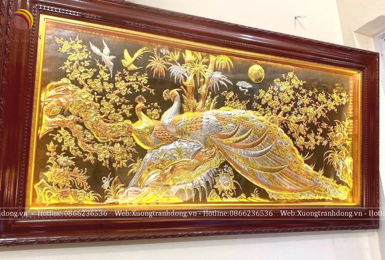 tranh hoa khai phu quy bang dong vang kich thuoc 155x255cm dat vang bac khung tron xoan