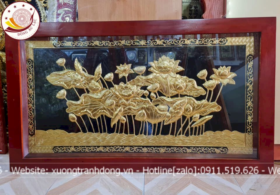 tranh hoa sen dong vang 1m27x69cm xuong tranh dong