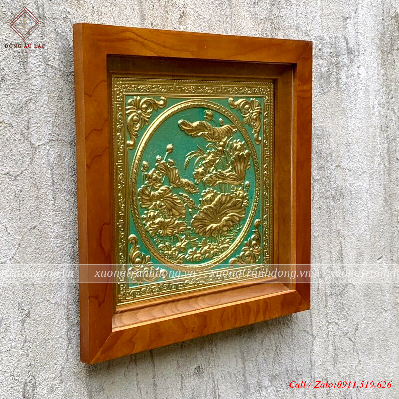 tranh hoa sen 38x38cm khong ma nen xanh khung soi