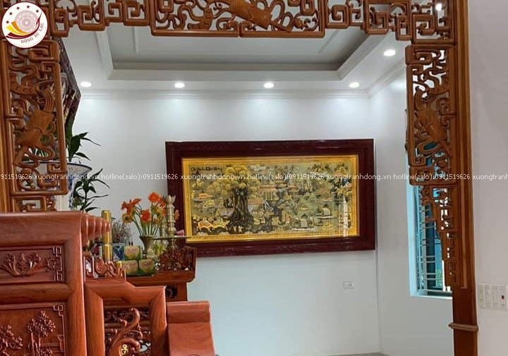 tranh coi nguon que huong dong vang nen xuoc dat vang bac khung duc 1m20x2m30 mau 3 xuong tranh dong