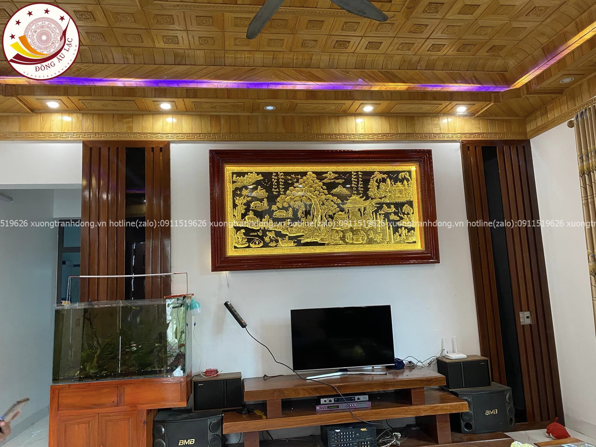 tranh dong que bang dong vang nen xuoc dat vang bac khung huong kich thuoc 1m20x2m30 xuong tranh dong