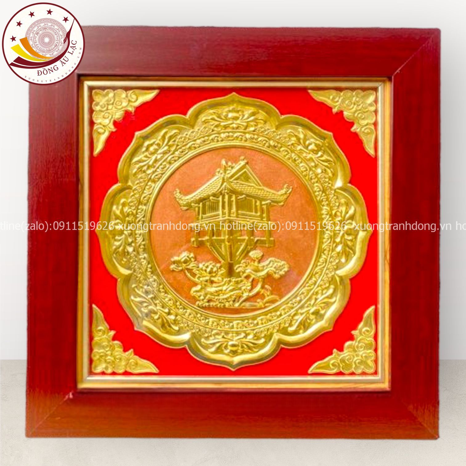 tranh qua tang danh lam chua mot cot dong vang de ban kich thuoc 42x42cm mau 2 xuong tranh dong